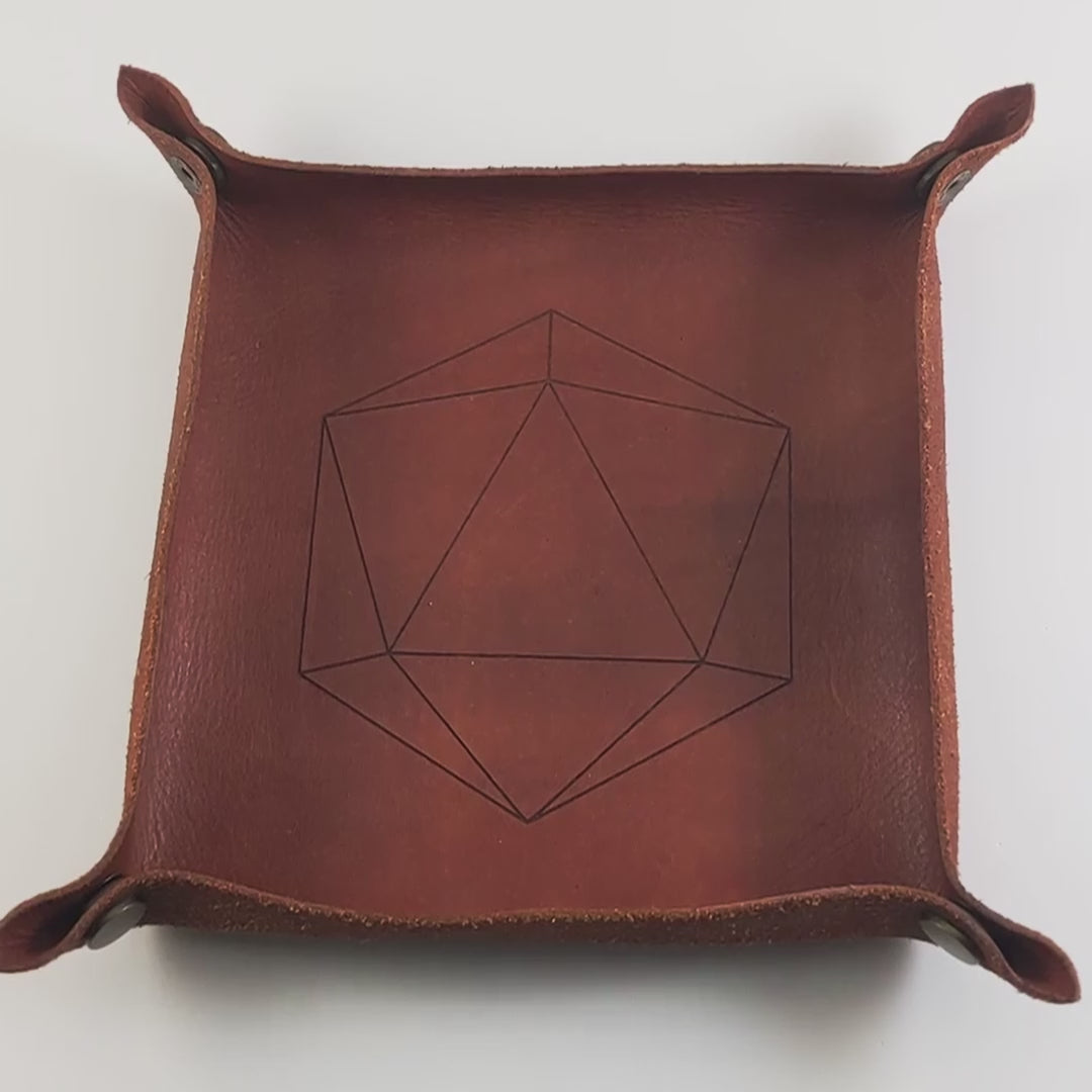 The video starts with a brown leather dice tray in view that has a d20 shape lasered into it. A hand appears from the bottom holding a complete set of bold red polyhedral dice except for the crystal d4 with silver numbers. The hand rolls all of the dice into the tray from the right.
