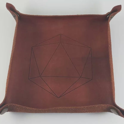 The video starts with a brown leather dice tray in view that has a d20 shape lasered into it. A hand appears from the bottom holding a complete set of dagger dice that are green and purple with black numbers that glow in the dark. The hand rolls all of the dice into the tray from the right.