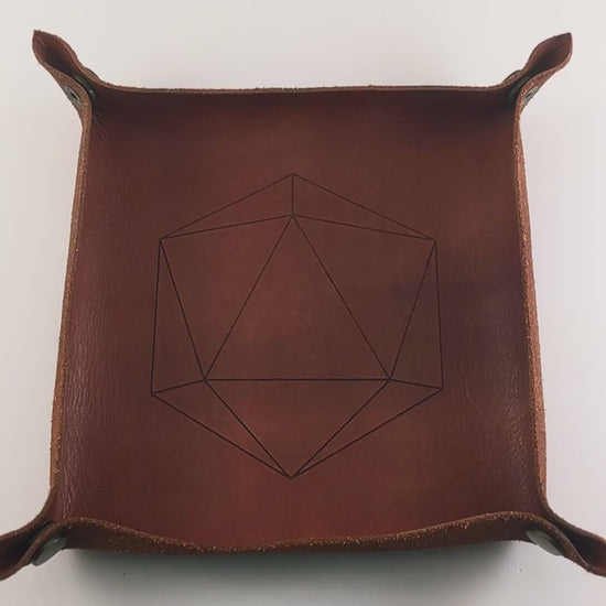 The video starts with a brown leather dice tray in view that has a d20 shape lasered into it. A hand appears from the bottom right corner holding up 10 dark green and black dagger shaped d6s that have red numbers to the camera. The hand rolls the dice into the dice tray from the right.