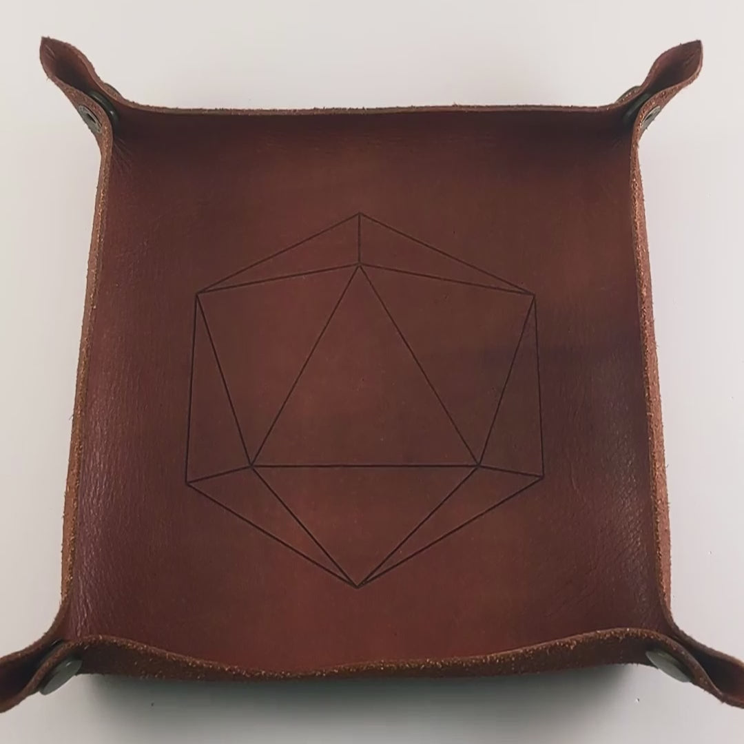 The video starts with a brown leather dice tray in view that has a d20 shape lasered into it. A hand appears from the bottom right corner holding up 10 dark green and black dagger shaped d6s that have red numbers to the camera. The hand rolls the dice into the dice tray from the right.