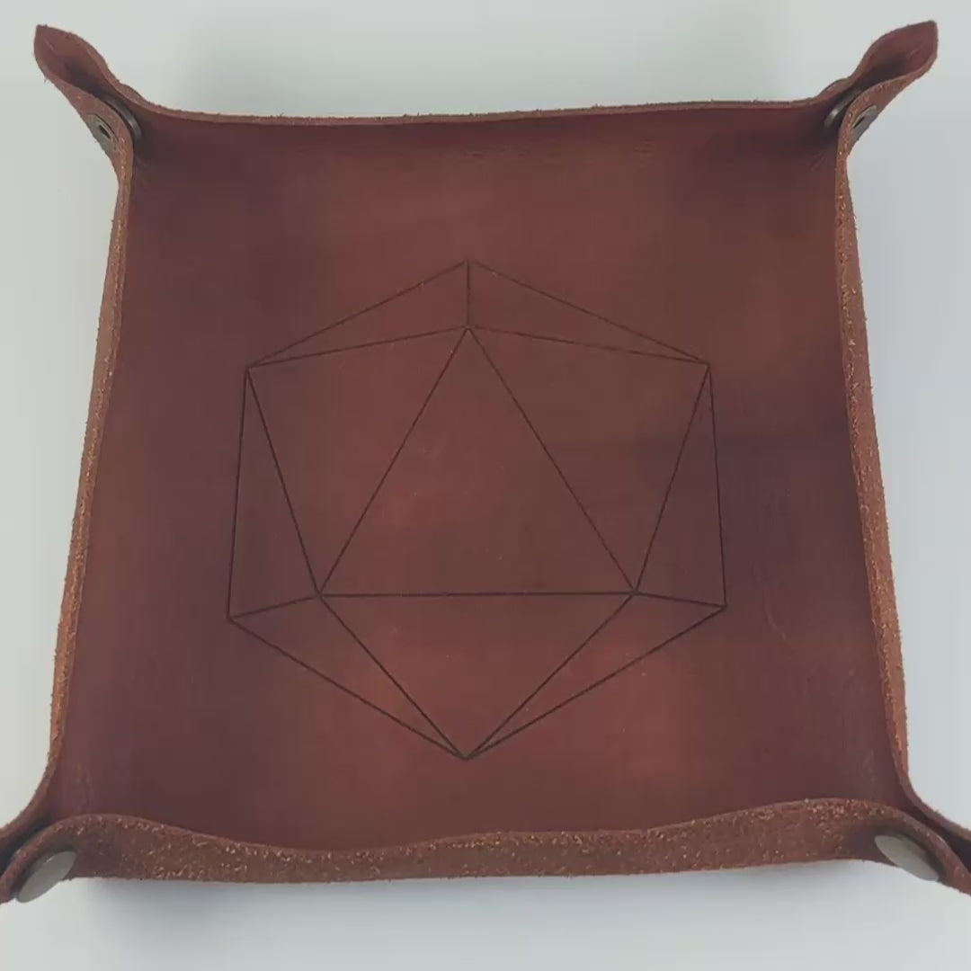 The video starts with a brown leather dice tray in view that has a d20 shape lasered into it. A hand appears from the bottom right corner holding a complete set of polyhedral dice that are clear with a hand painted green glow in the dark ooze design and silver numbers. The hand rolls all of the dice into the tray from the right. One of the d20s lands on a natural 20.