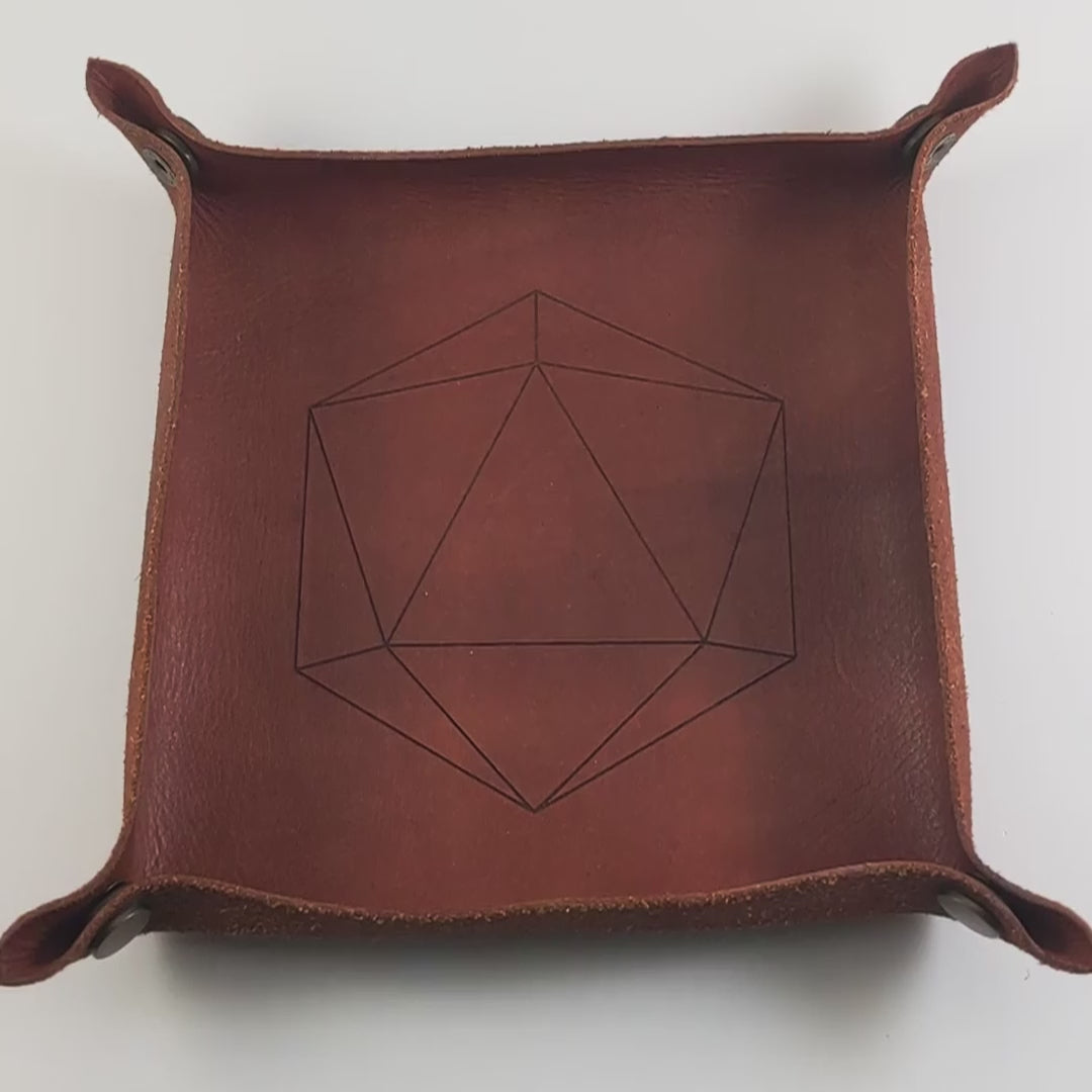 The video starts with a brown leather dice tray in view that has a d20 shape lasered into it. A hand appears from the bottom holding a complete set of emerald green polyhedral dice except for the crystal d4 with gold numbers. The hand rolls all of the dice into the tray from the right.