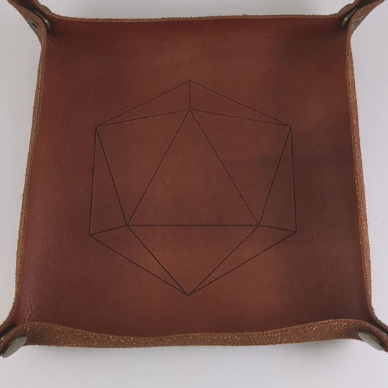 The video starts with a brown leather dice tray in view that has a d20 shape lasered into it. A hand appears from the bottom right corner holding a complete set of dagger dice that are frosty blue and white with a touch of sparkle with opaque white numbers. The hand rolls all of the dice into the tray from the right.