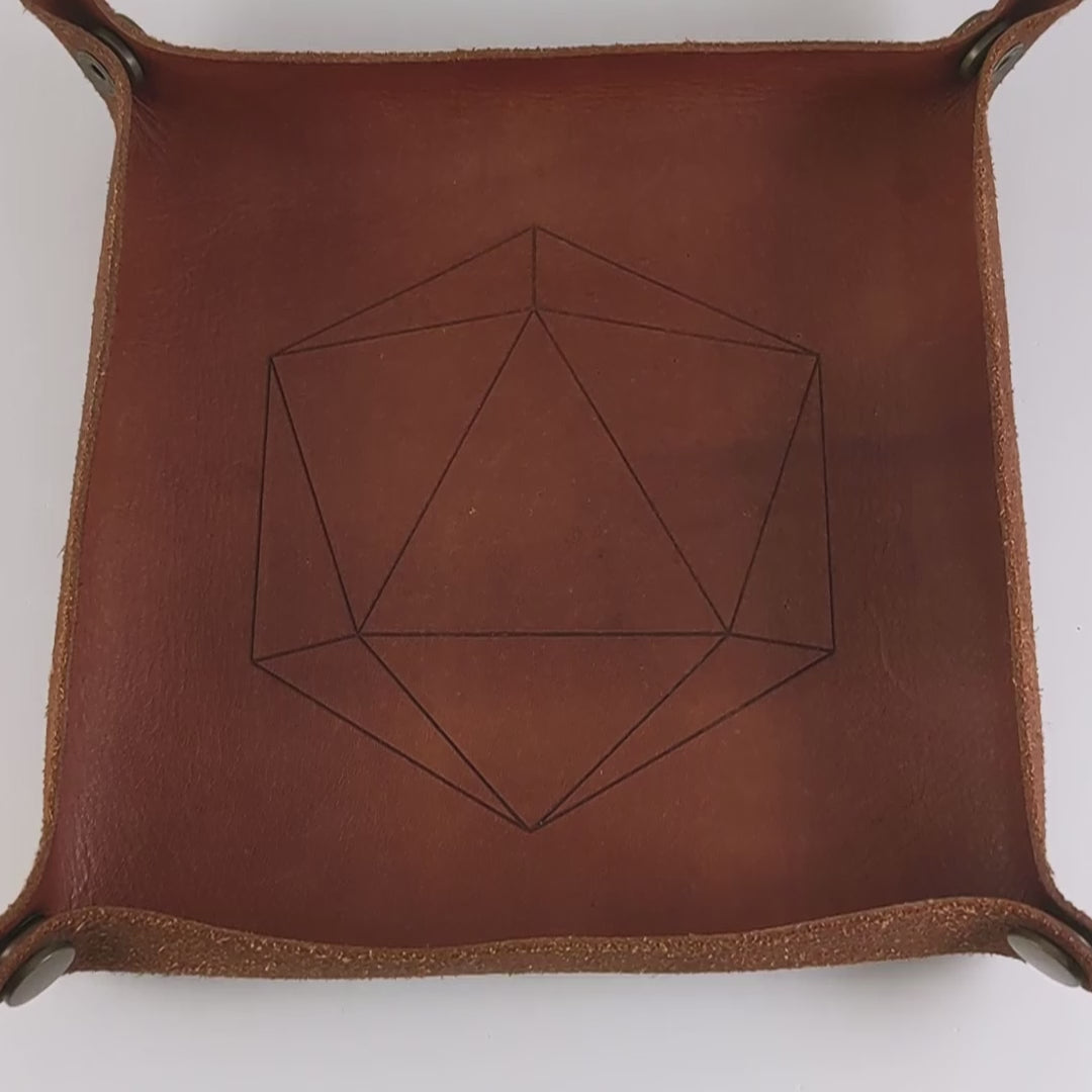 The video starts with a brown leather dice tray in view that has a d20 shape lasered into it. A hand appears from the bottom right corner holding a complete set of dagger dice that are frosty blue and white with a touch of sparkle with opaque white numbers. The hand rolls all of the dice into the tray from the right.