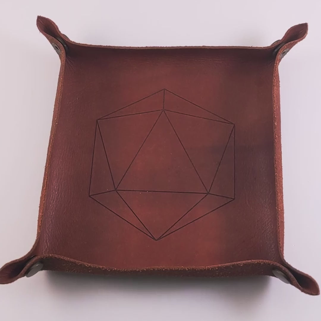 The video starts with a brown leather dice tray in view that has a d20 shape lasered into it. A hand appears from the bottom holding a complete set of deep purple polyhedral dice except for the crystal d4 with black numbers. The hand rolls all of the dice into the tray from the right.