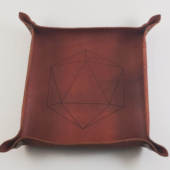 The video starts with a brown leather dice tray in view that has a d20 shape lasered into it. A hand appears from the bottom holding a complete set of bold red polyhedral dice except for the crystal d4 with bronze numbers. The hand rolls all of the dice into the tray from the right.