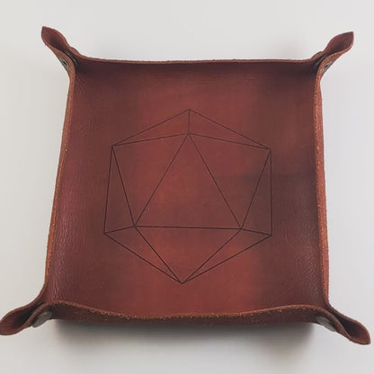 The video starts with a brown leather dice tray in view that has a d20 shape lasered into it. A hand appears from the bottom holding a complete set of bold red polyhedral dice except for the crystal d4 with bronze numbers. The hand rolls all of the dice into the tray from the right.