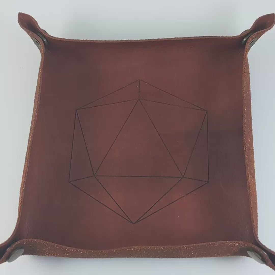 The video starts with a brown leather dice tray in view that has a d20 shape lasered into it. A hand appears from the bottom right corner holding an orange and purple dagger d20 with black numbers. The hand rolls all of the dice into the tray from the right. The die rolls an 18.
