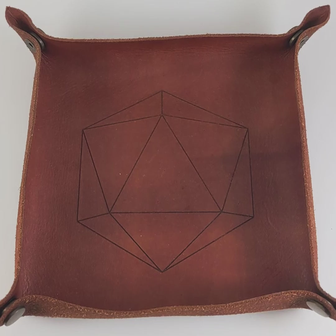 The video starts with a brown leather dice tray in view that has a d20 shape lasered into it. A hand appears from the bottom right corner holding a complete set of polyhedral dice that are a mismatched array of colors and designs. The hand rolls all of the dice into the tray from the right.