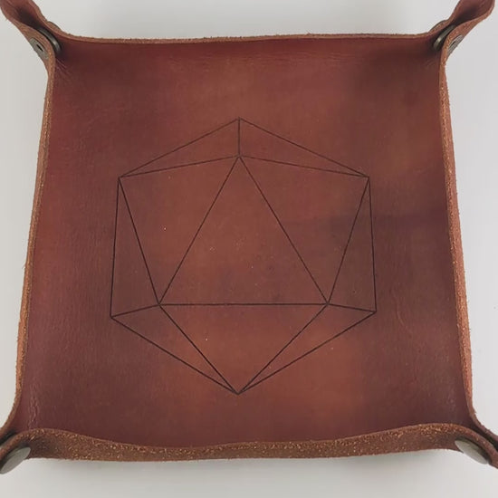 The video starts with a brown leather dice tray in view that has a d20 shape lasered into it. A hand appears from the bottom right corner holding a complete set of diamond dice that are deep maroon and dark silver with white numbers. The hand rolls all of the dice into the tray from the right.