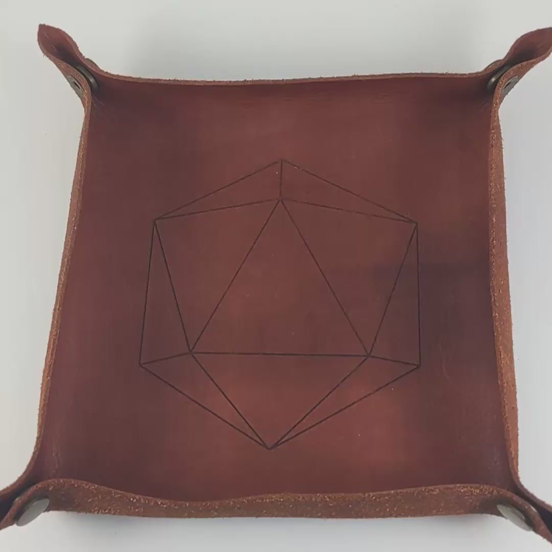 The video starts with a brown leather dice tray in view that has a d20 shape lasered into it. A hand appears from the bottom right corner holding a diamond d3 that is purple and green with black numbers that glow in the dark. The hand rolls all of the dice into the tray from the right.