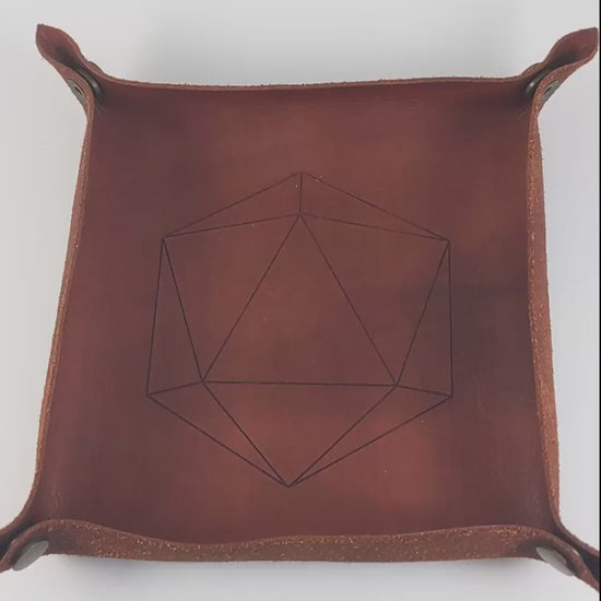 The video starts with a brown leather dice tray in view that has a d20 shape lasered into it. A hand appears from the bottom holding a diamond d20 that is purple and green with black numbers that glow in the dark. The hand rolls all of the dice into the tray from the right.