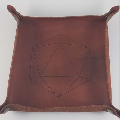 The video starts with a brown leather dice tray in view that has a d20 shape lasered into it. A hand appears from the bottom holding a diamond d20 that is purple and green with black numbers that glow in the dark. The hand rolls all of the dice into the tray from the right.